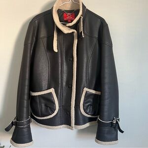 Oscar de la Renta Faux Leather Sherpa Aviator Coat Black XLarge